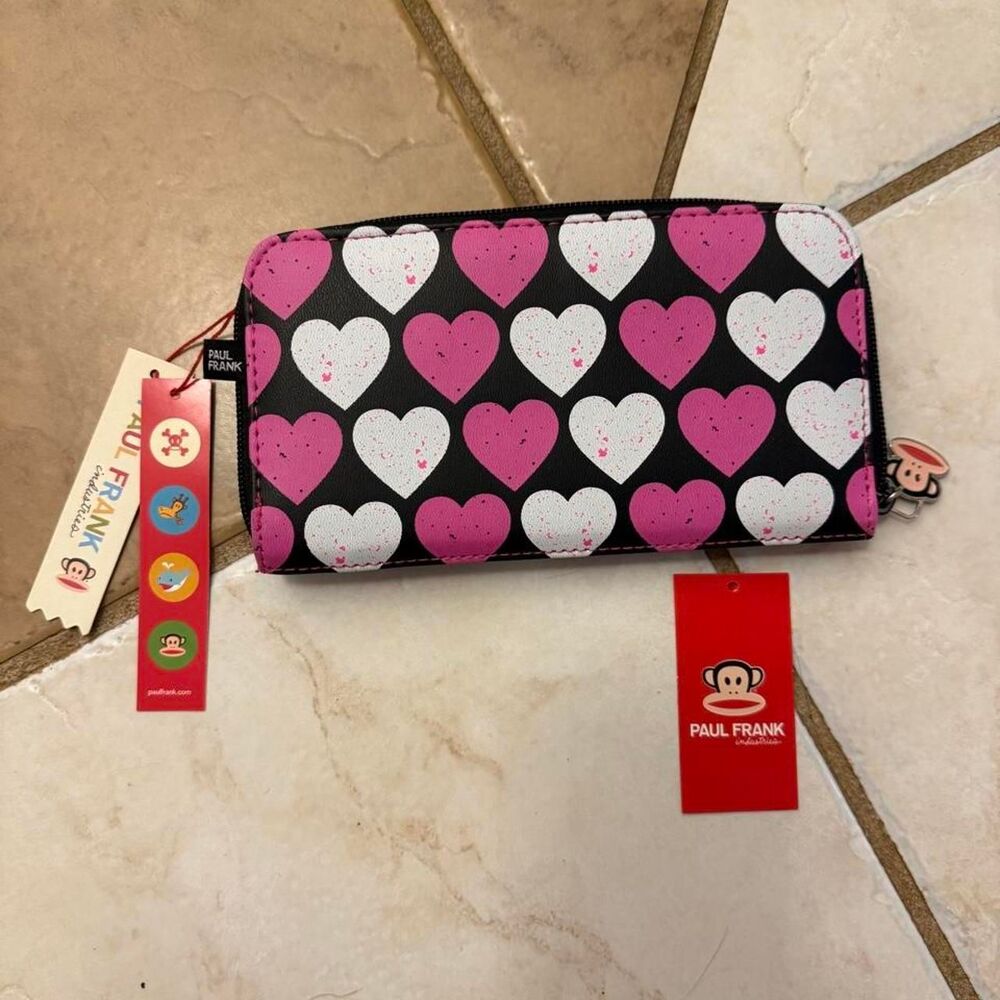 NWT Paul Frank Monkey pink & white heart pattern clutch wallet